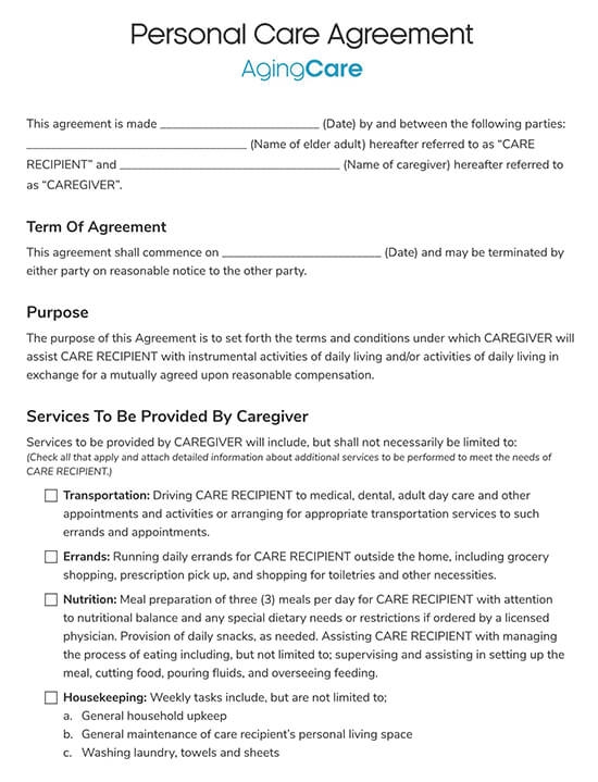 Printable Caregiver Agreement Caregiver Contract Template Printable 