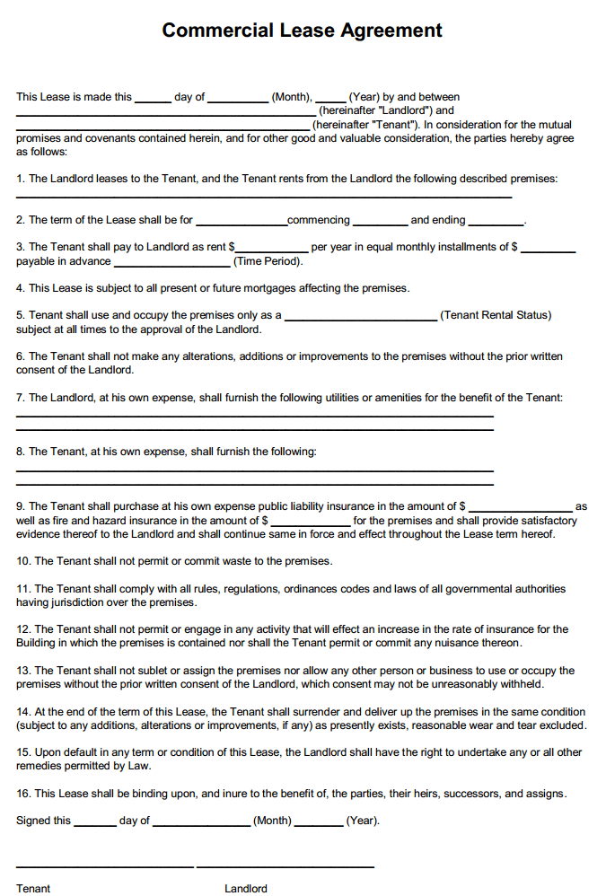 Printable Commercial Lease Agreement Form Printable Forms Free Online