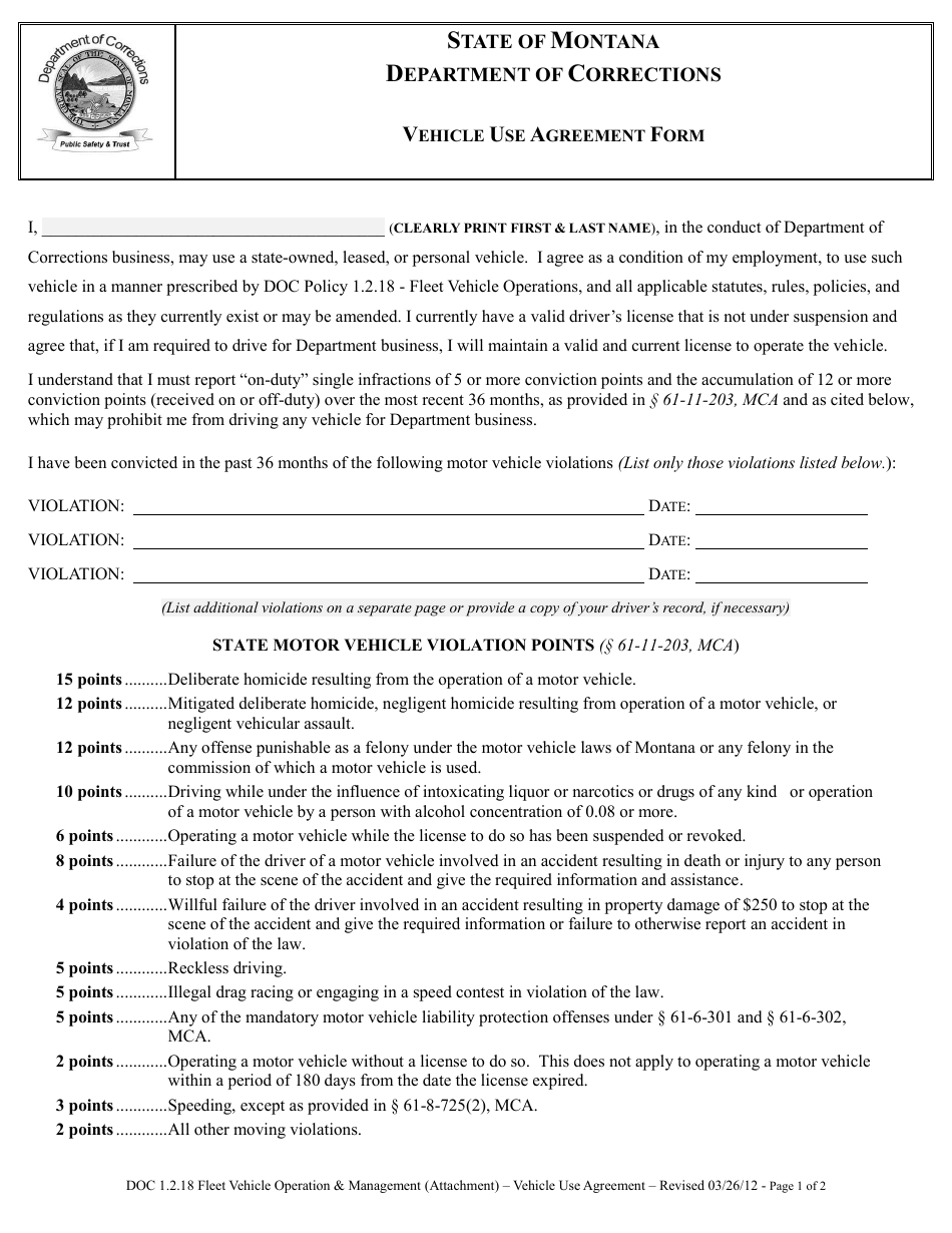 Printable Company Vehicle Use Agreement Form Printable Forms Free Online