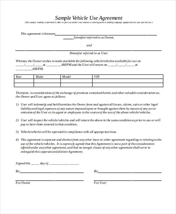 Printable Company Vehicle Use Agreement Form Printable Forms Free Online