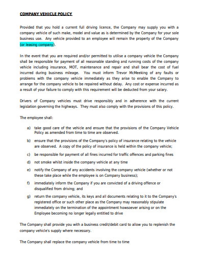 Printable Company Vehicle Use Agreement Form Printable Forms Free Online