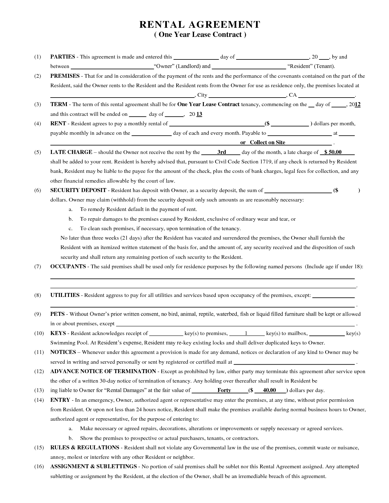 Printable Copy Of A Lease Agreement Billie R Crist