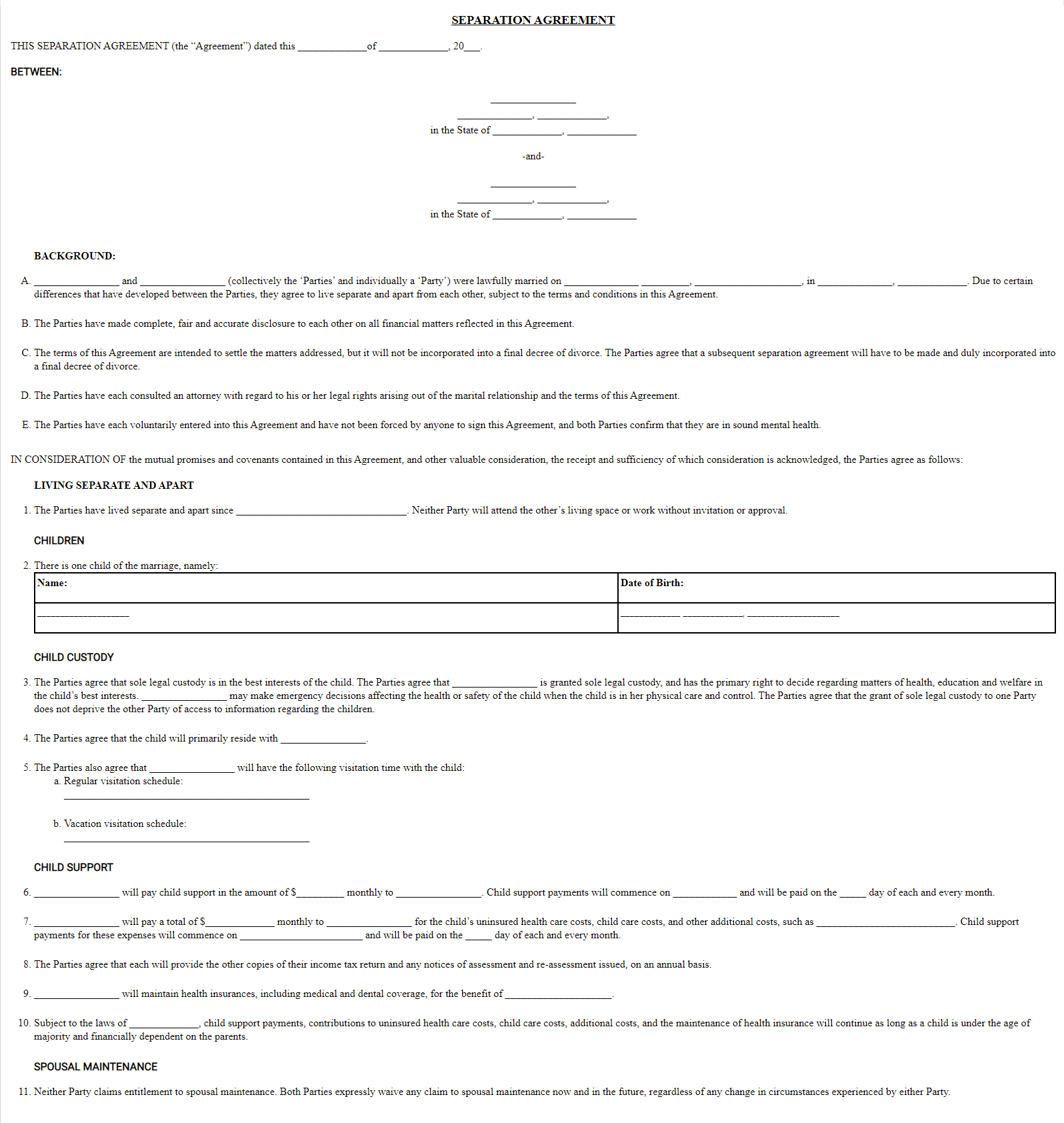 Printable Do It Yourself Separation Agreement Printable Form 
