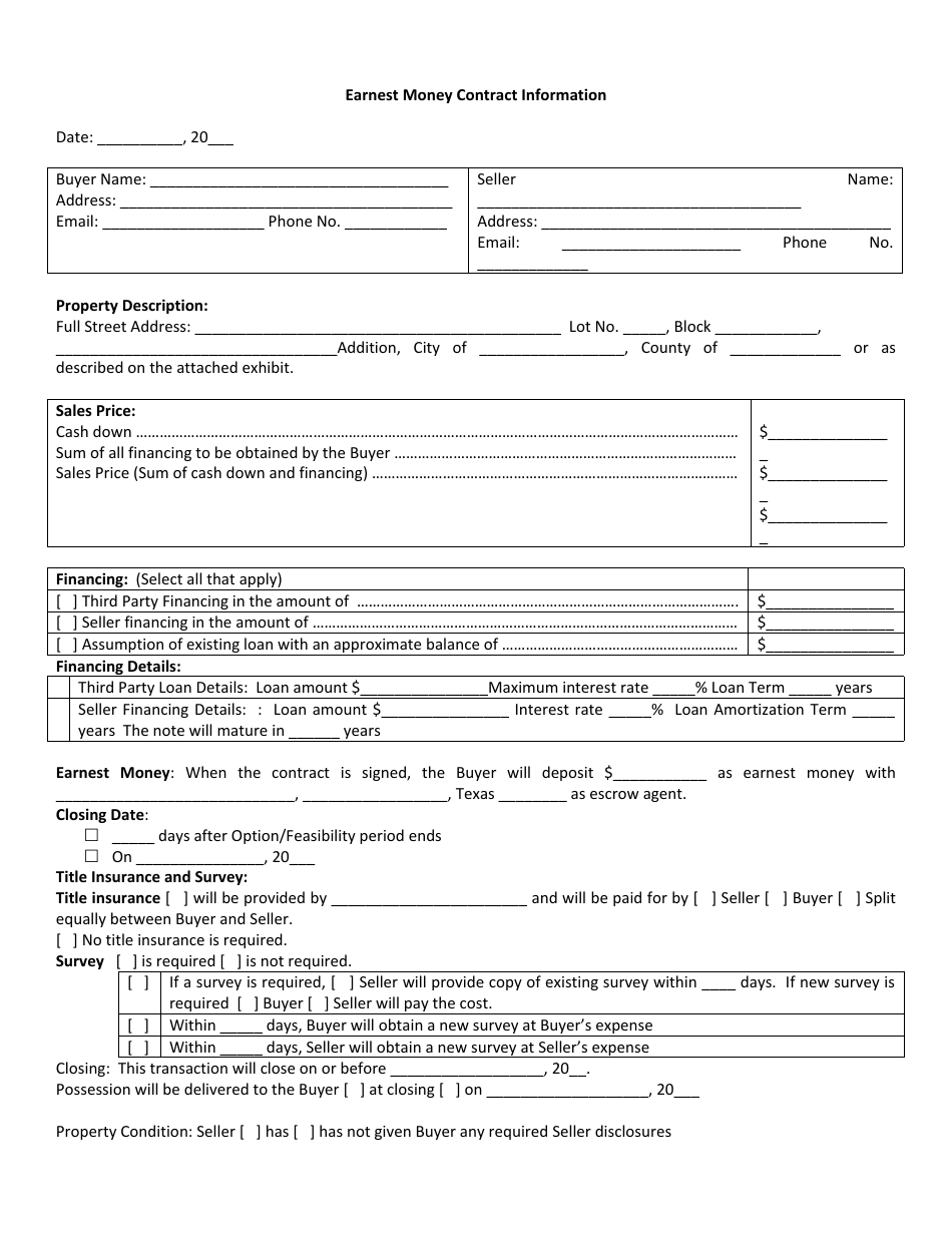 Printable Earnest Money Forms Printable Forms Free Online