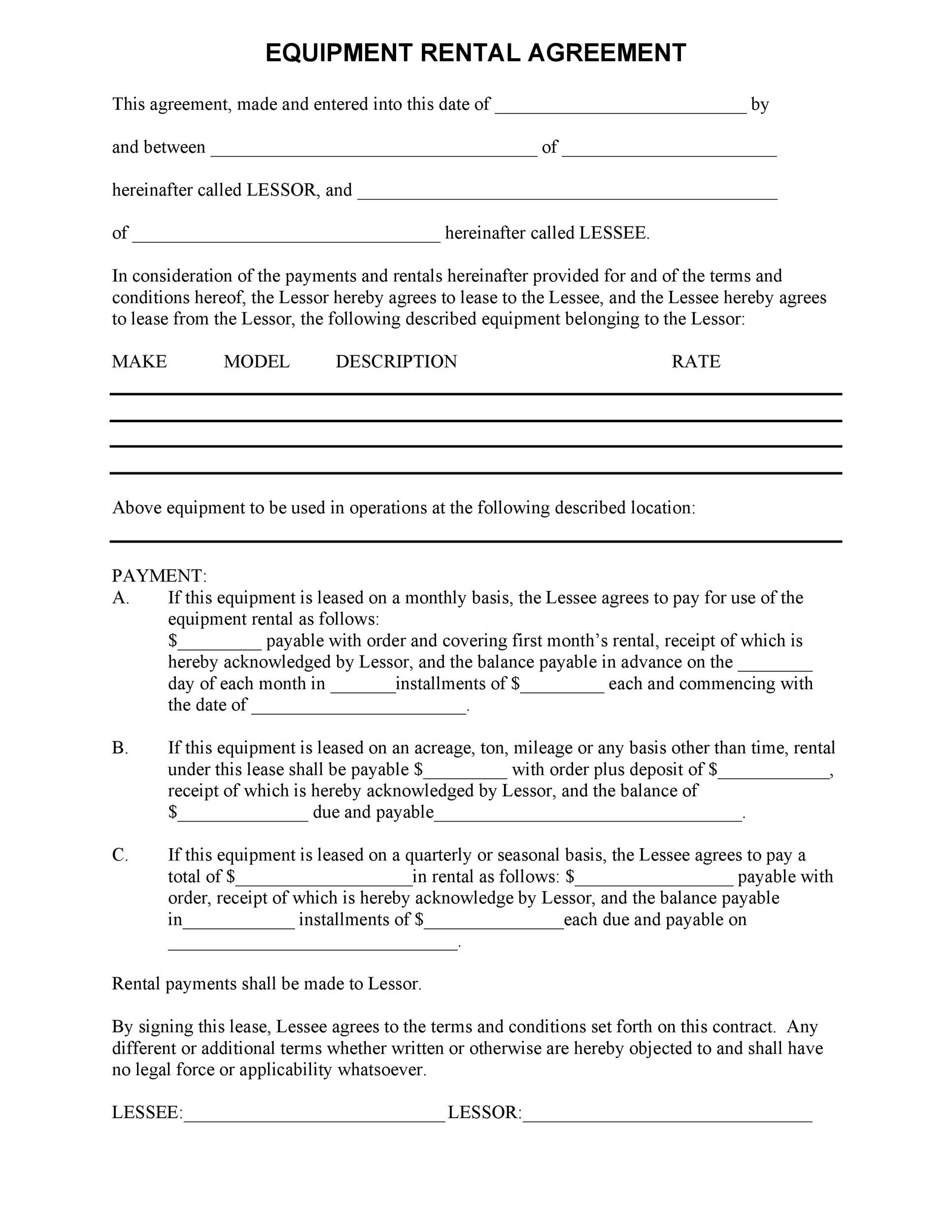 Printable Equipment Rental Agreement Template Printable Templates