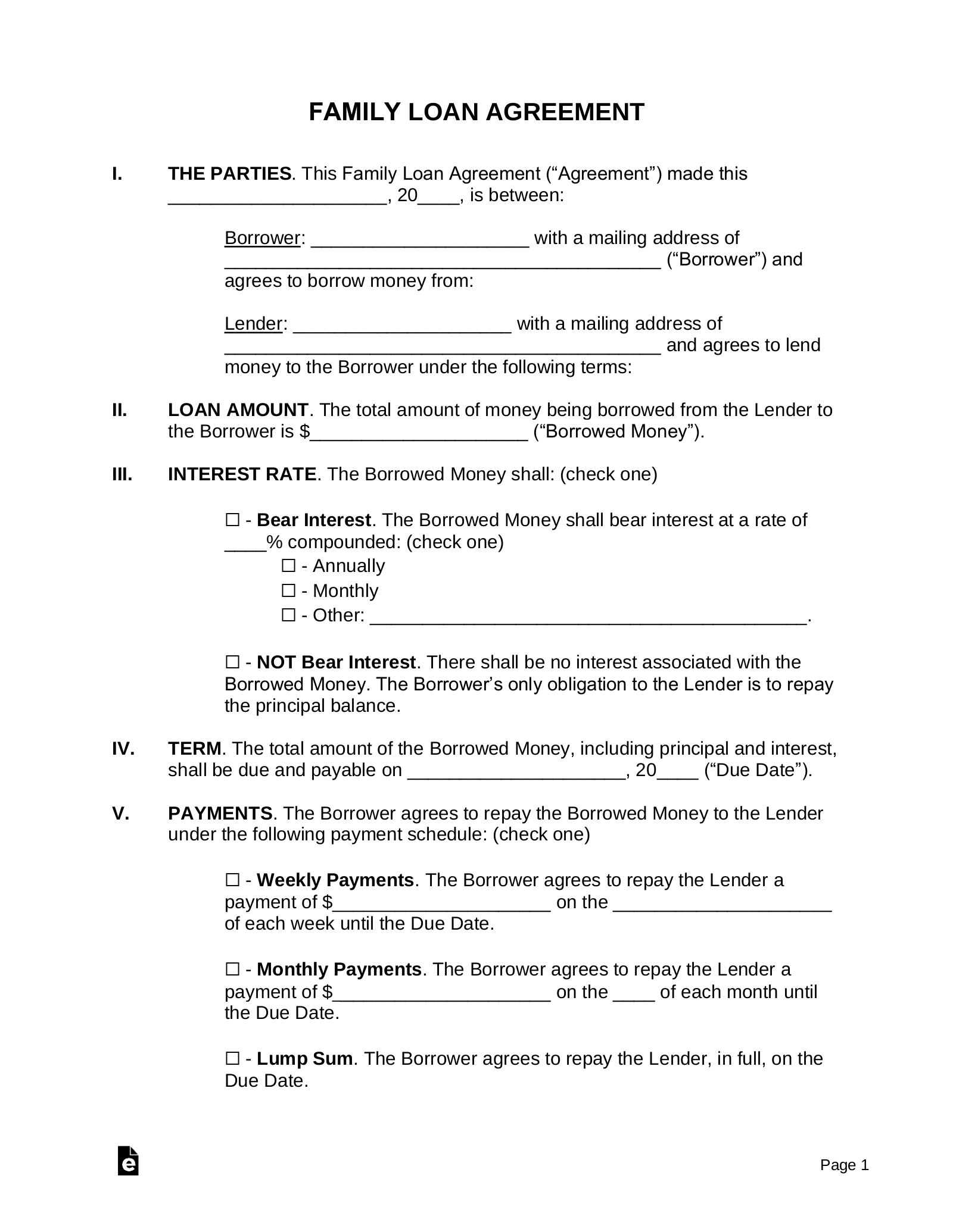 Printable Family Loan Agreement Template Printable Templates