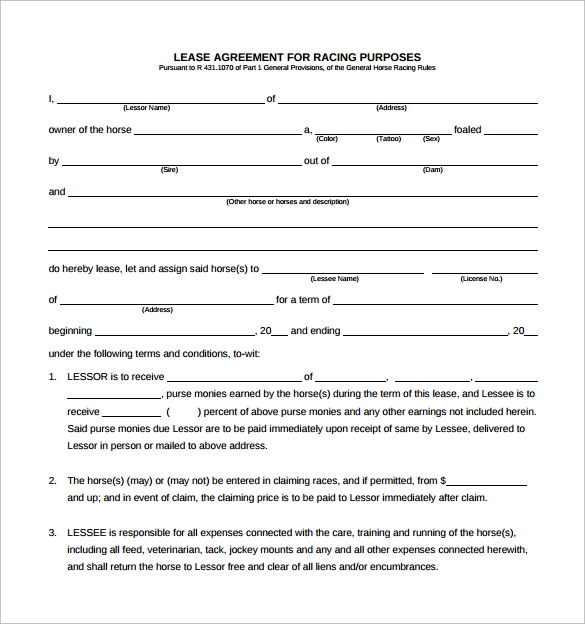 Printable Horse Lease Agreement