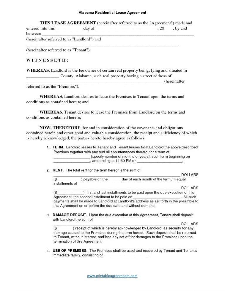 Printable Lease Agreement Download Free Alabama Residential Lease 