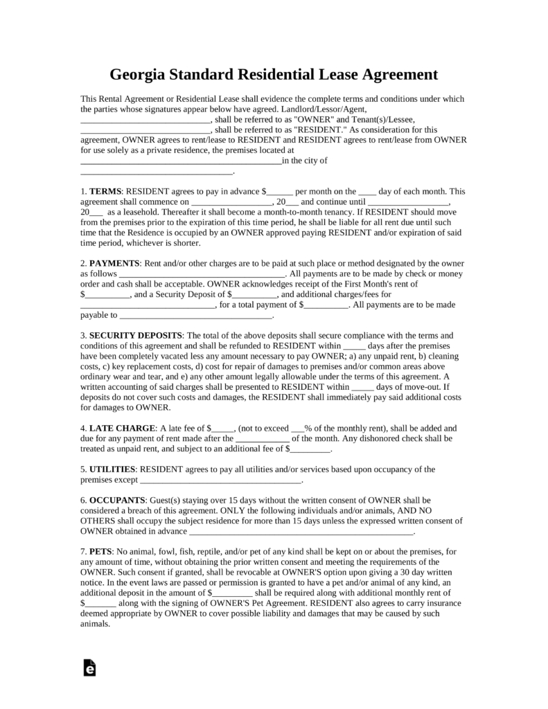 Printable Lease Agreement Ga Template Business PSD Excel Word PDF