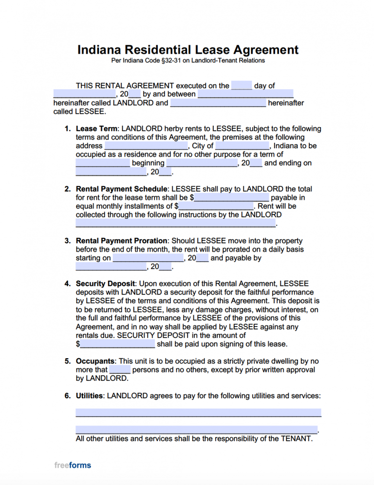 Printable Lease Agreement Indiana Printable Lease Agreement