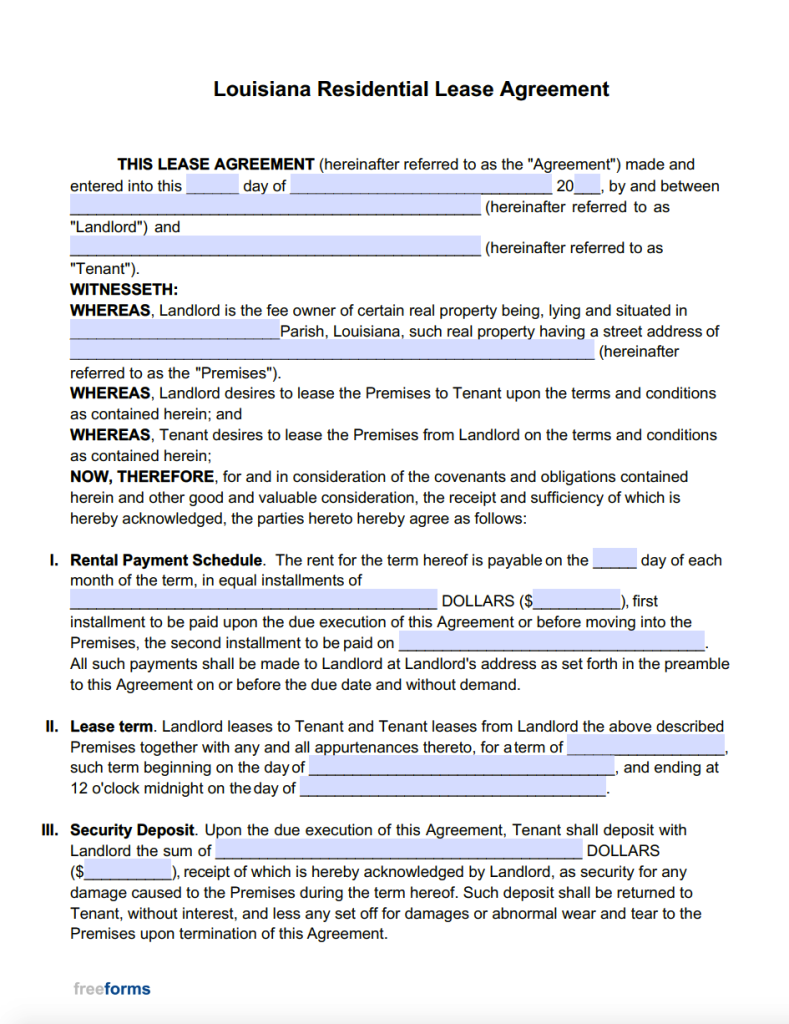 Printable Louisiana Residential Lease Agreement