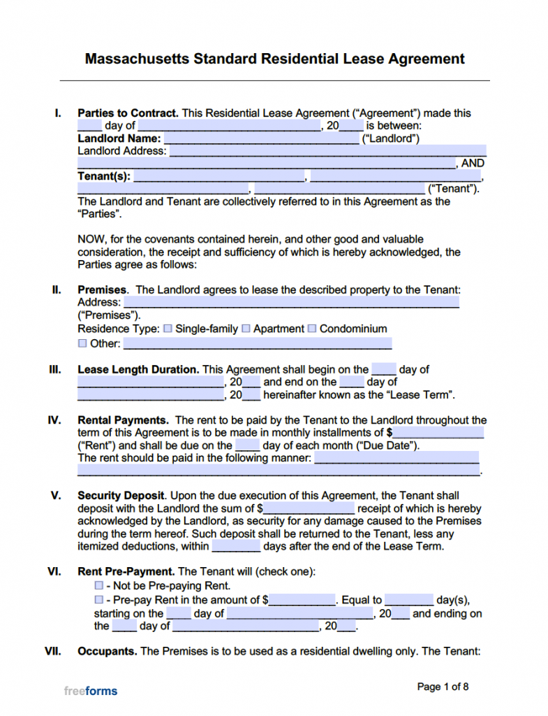 Printable Massachusetts Residential Lease Agreement Printable Lease 