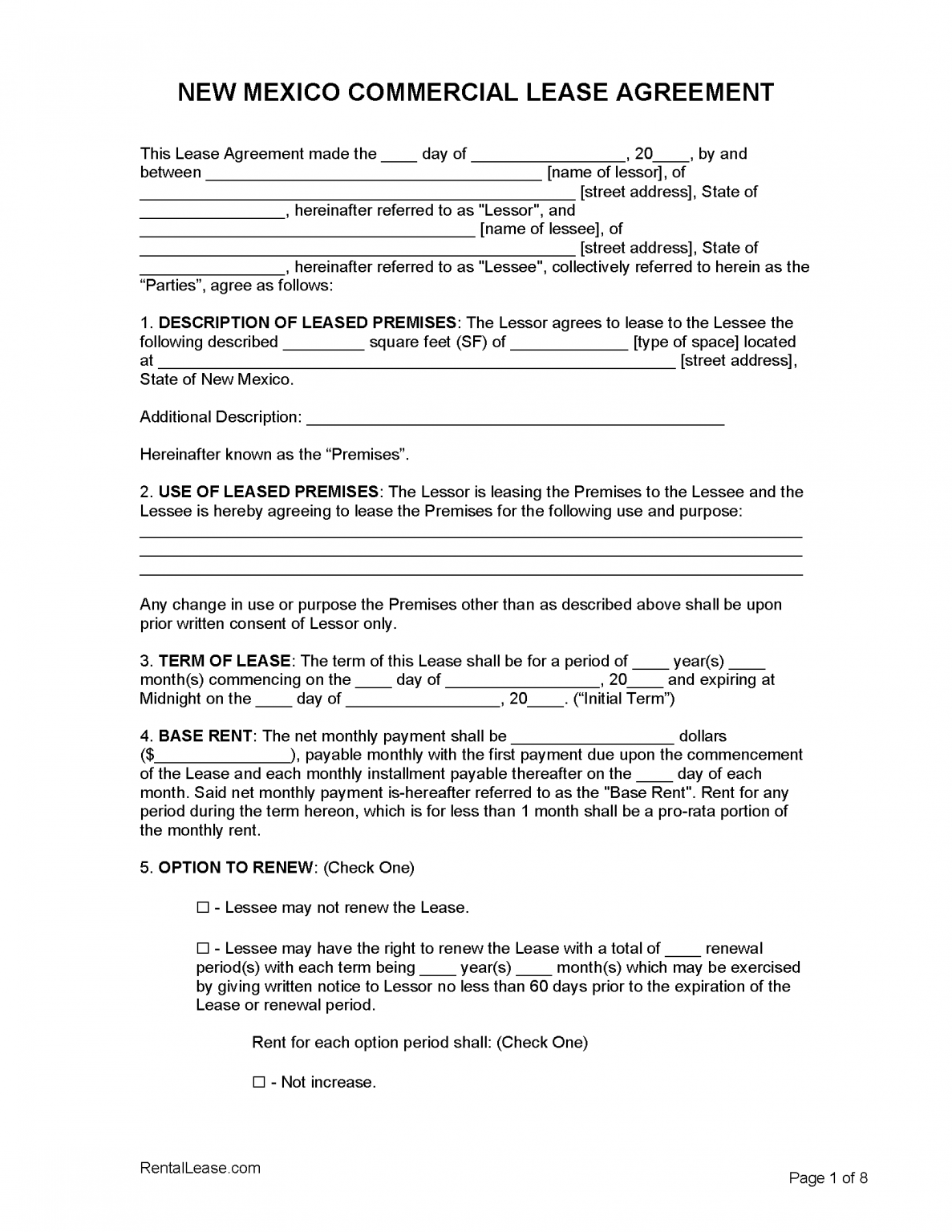 Printable New Mexico Lease Agreement Printable Lease Agreement