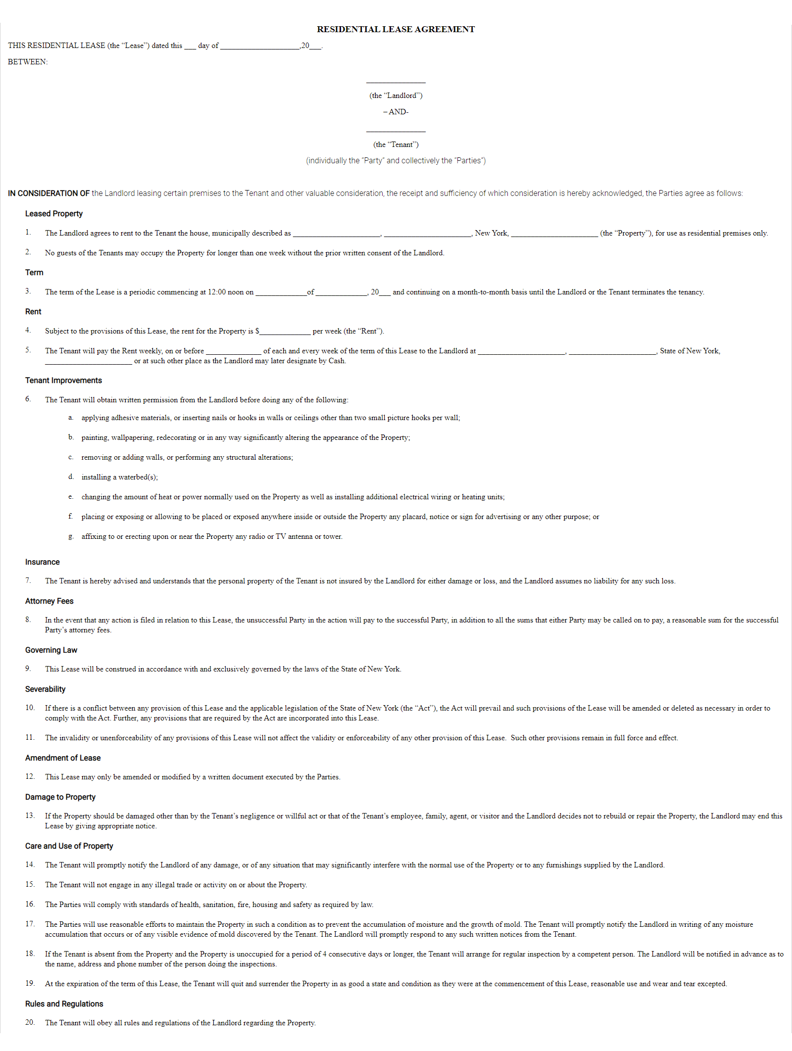 Printable New York City Residential Lease Agreement Form