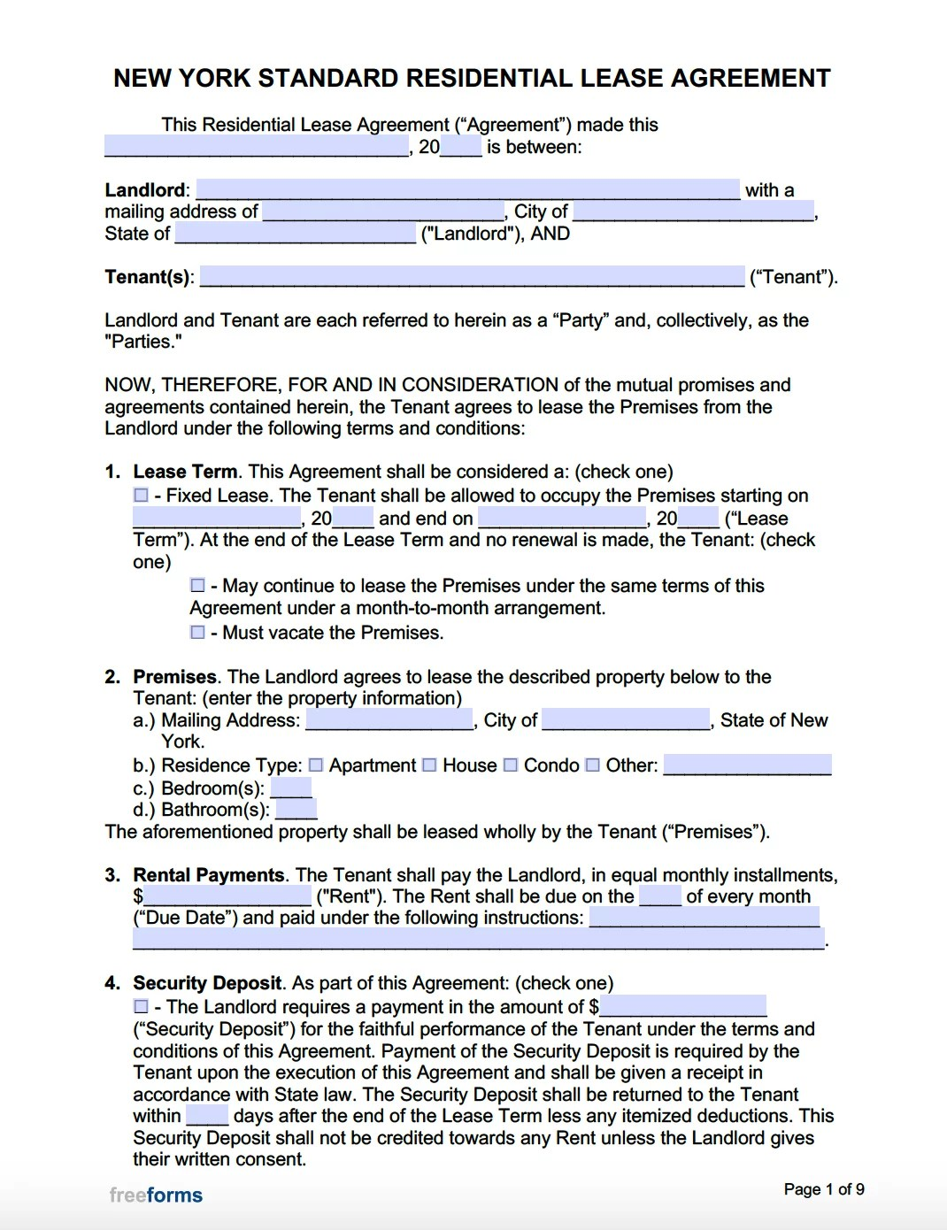Printable New York City Residential Lease Agreement Form
