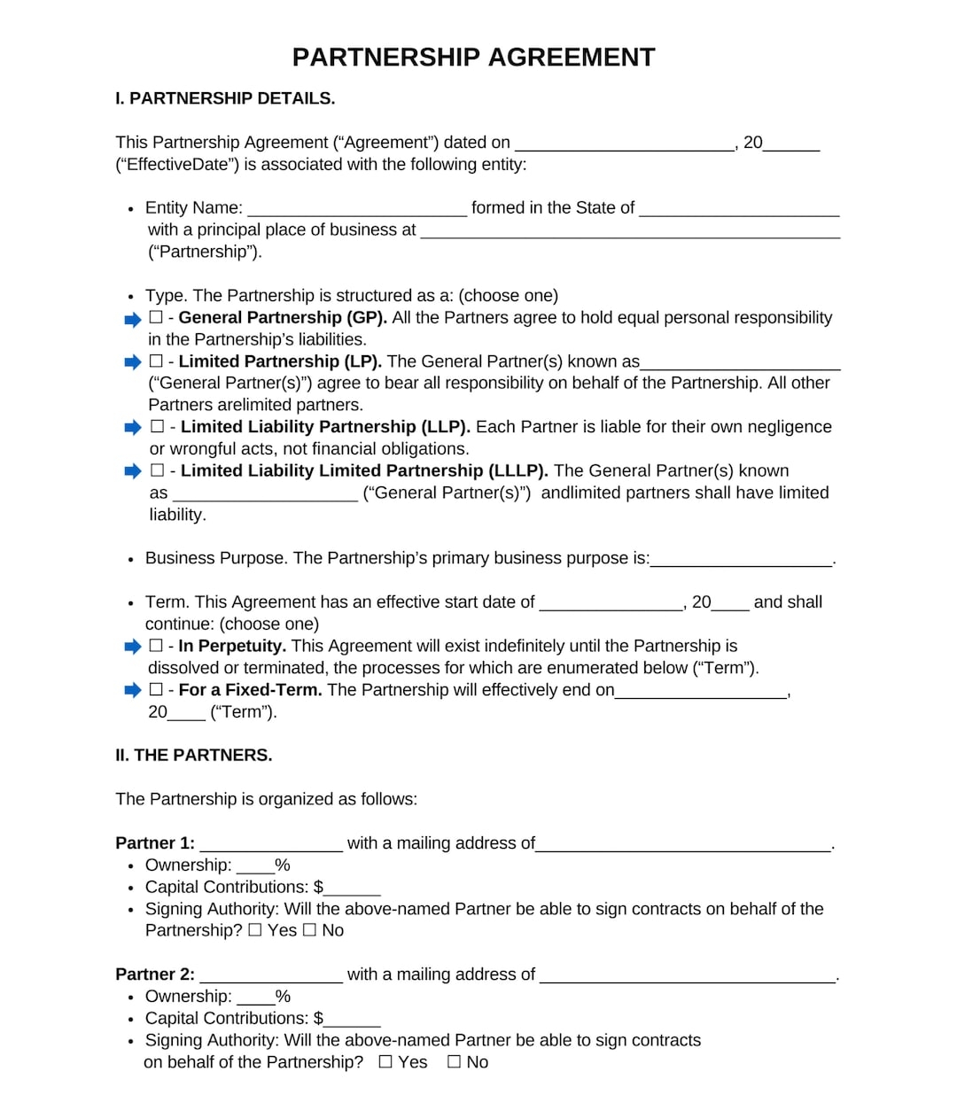Printable Partnership Agreement Template PDF Digital Download Etsy