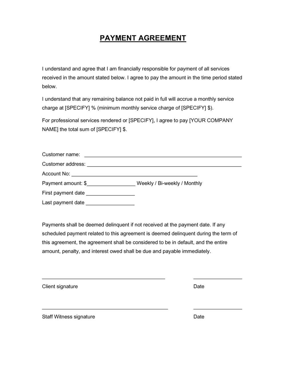 Printable Payment Agreement Form Printable Forms Free Online