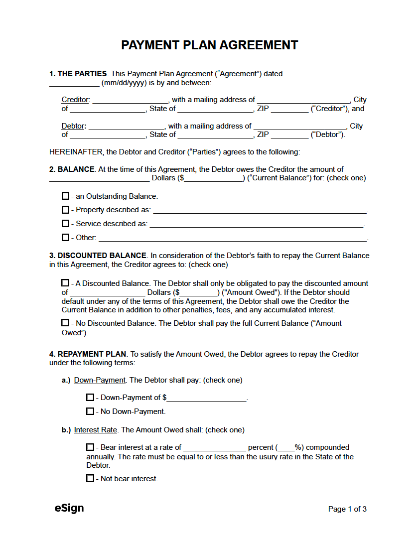 Printable Payment Plan Agreement Form Printable Forms Free Online