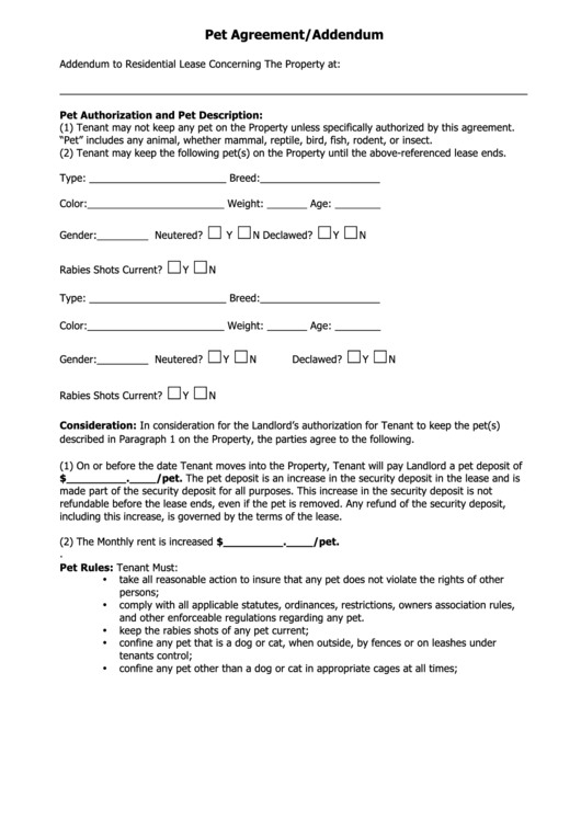 Printable Pet Agreement Form Printable Forms Free Online