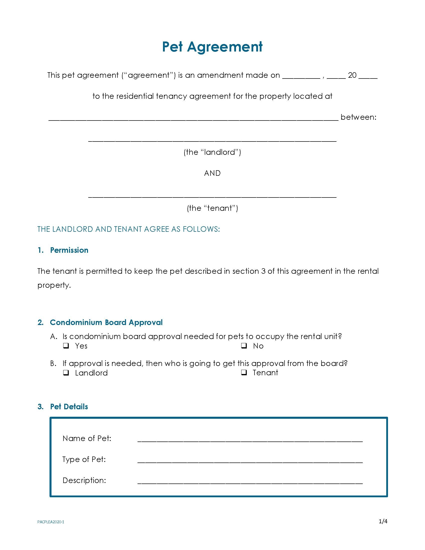 Printable Pet Agreement Form Printable Forms Free Online