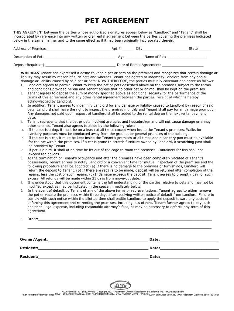 Printable Pet Agreement Form Printable Forms Free Online