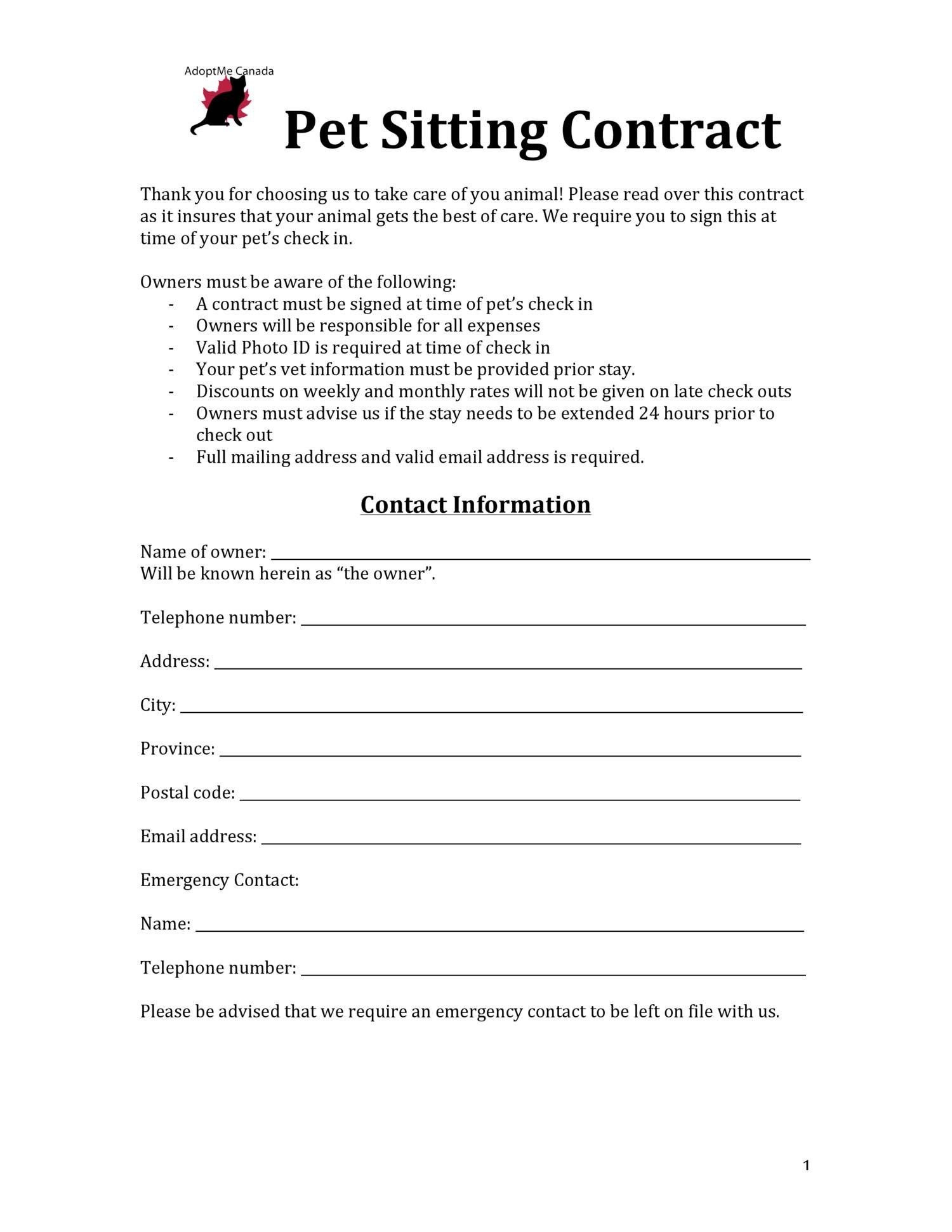 Printable Pet Agreement Form