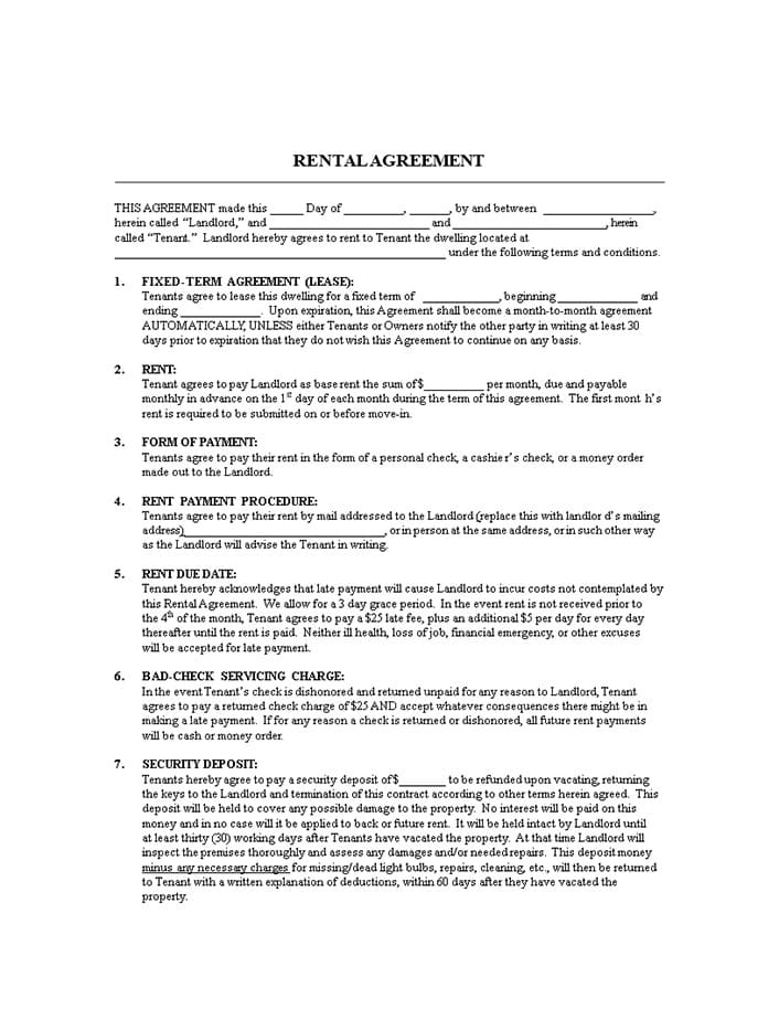 Printable Rental Agreement Blank Free Download And Print For You 