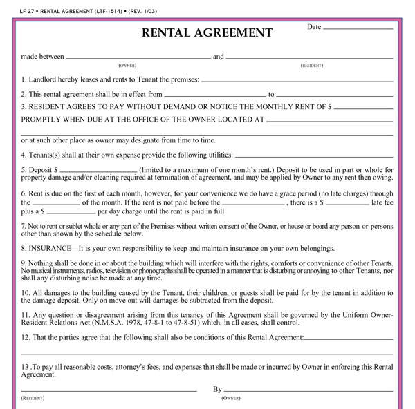 Printable Rental Agreements Forms Printable Forms Free Online
