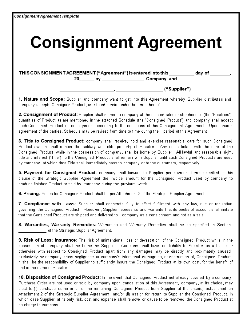 Printable Retail Consignment Agreement Printable Templates