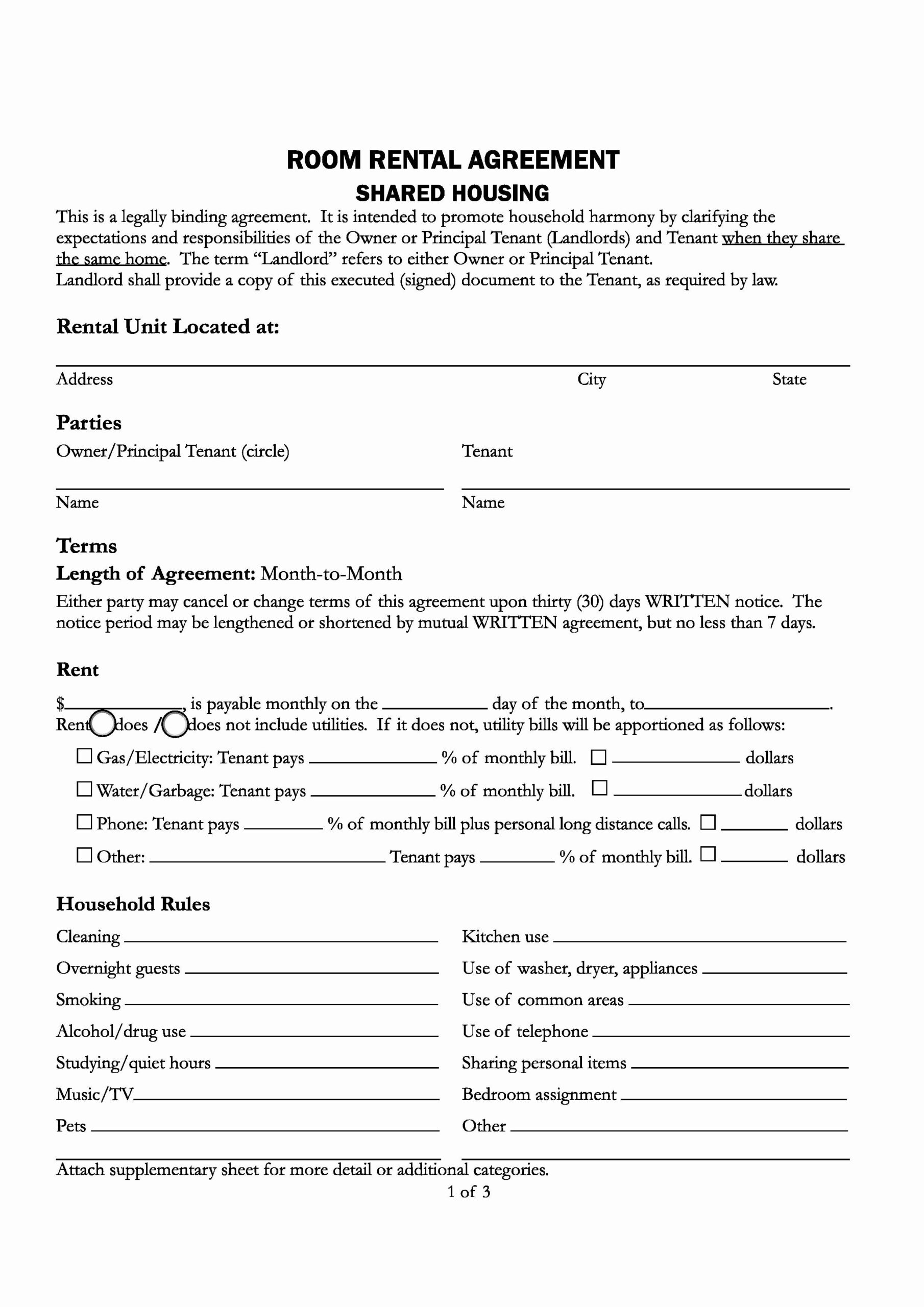 Printable Room Lease Agreement