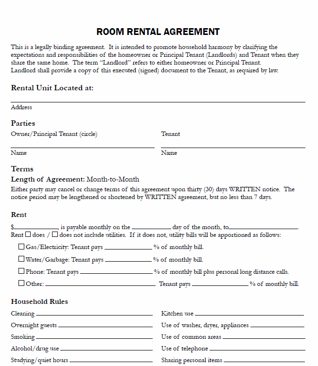 Printable Room Rental Agreement