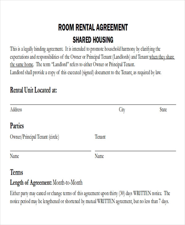 Printable Room Rental Agreement