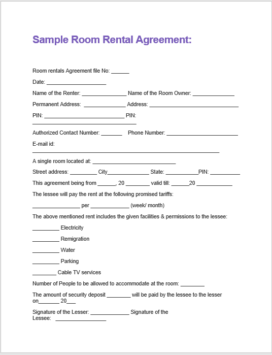 Printable Room Rental Agreement Template Pdf PDF Template