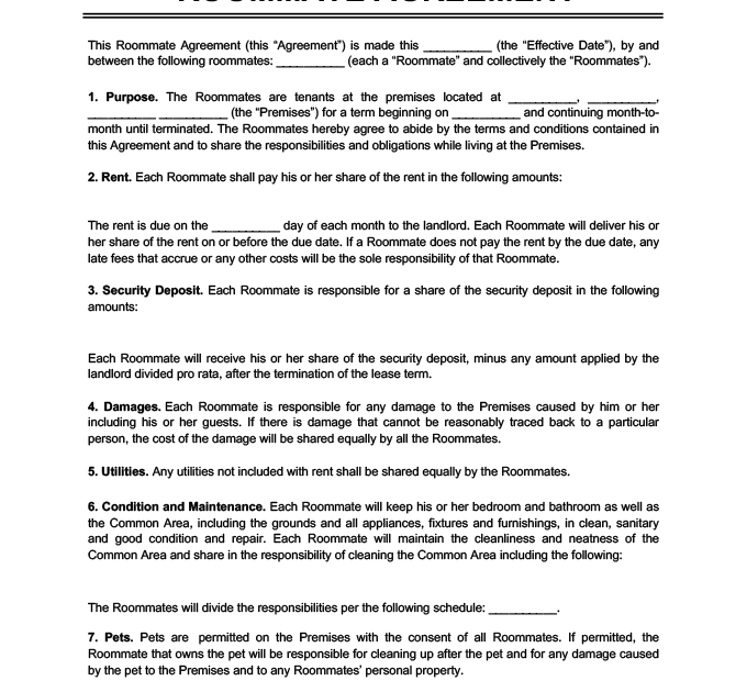 Printable Roommate Agreement