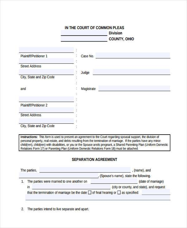Printable Separation Agreement Form Ontario Printable Forms Free Online