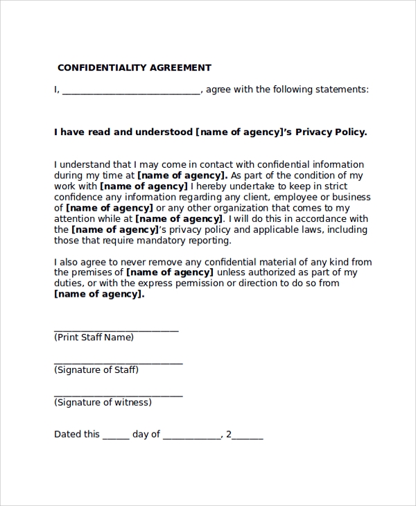 Printable Simple Confidentiality Agreement Template Word Free 