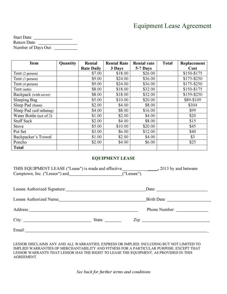 Printable Simple Equipment Rental Agreement Template Word