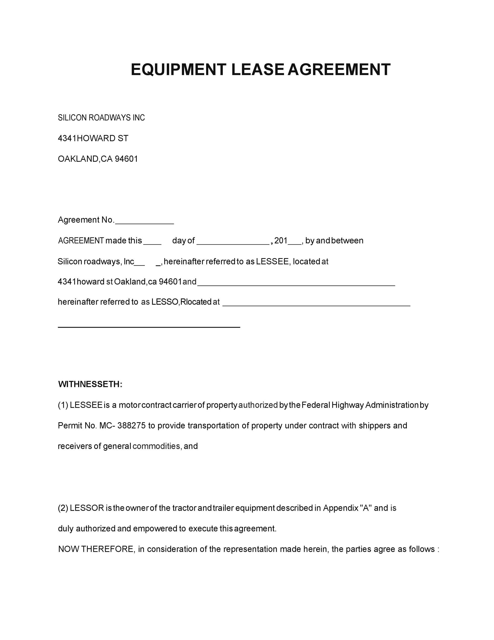 Printable Simple Equipment Rental Agreement Template Word