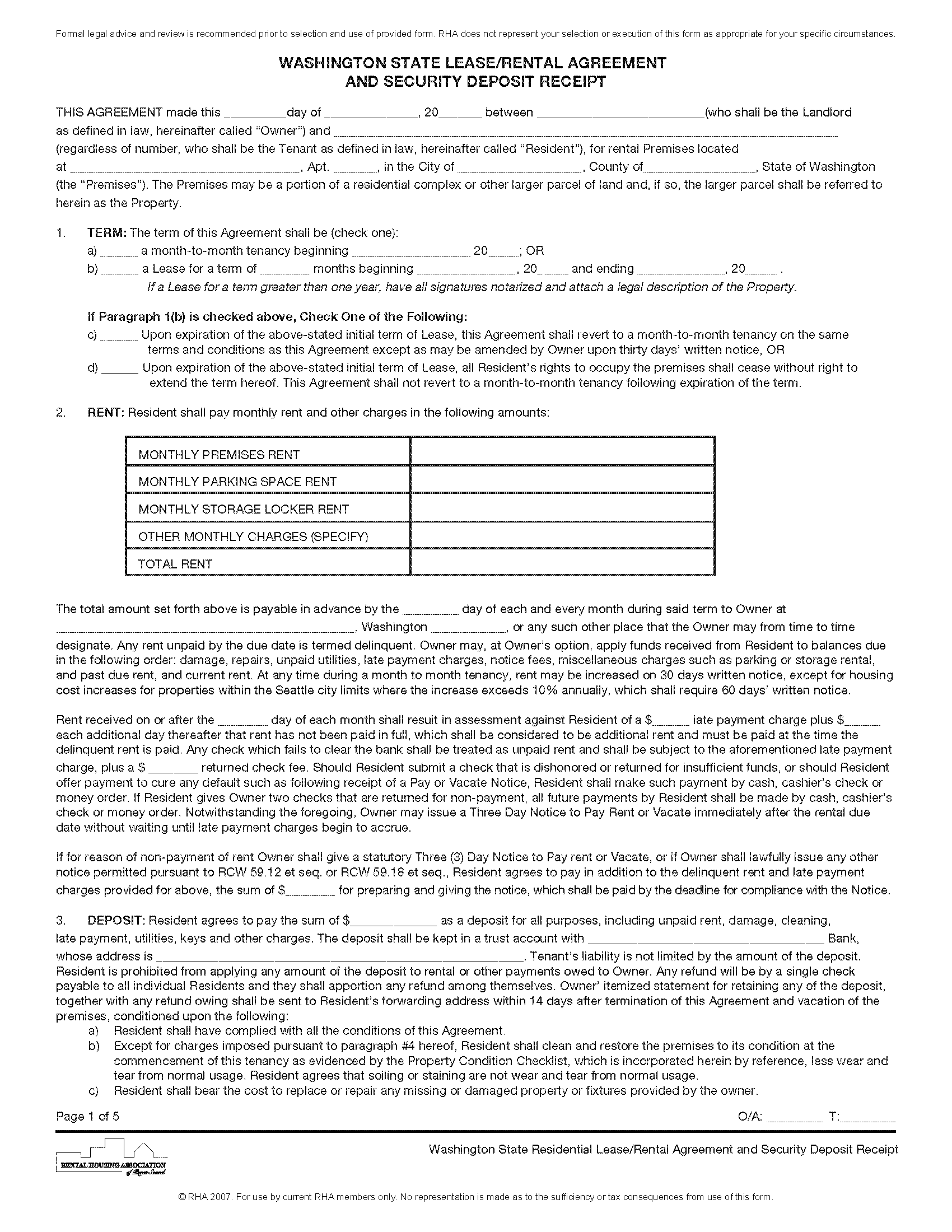Printable Simple Rental Agreement Washington State