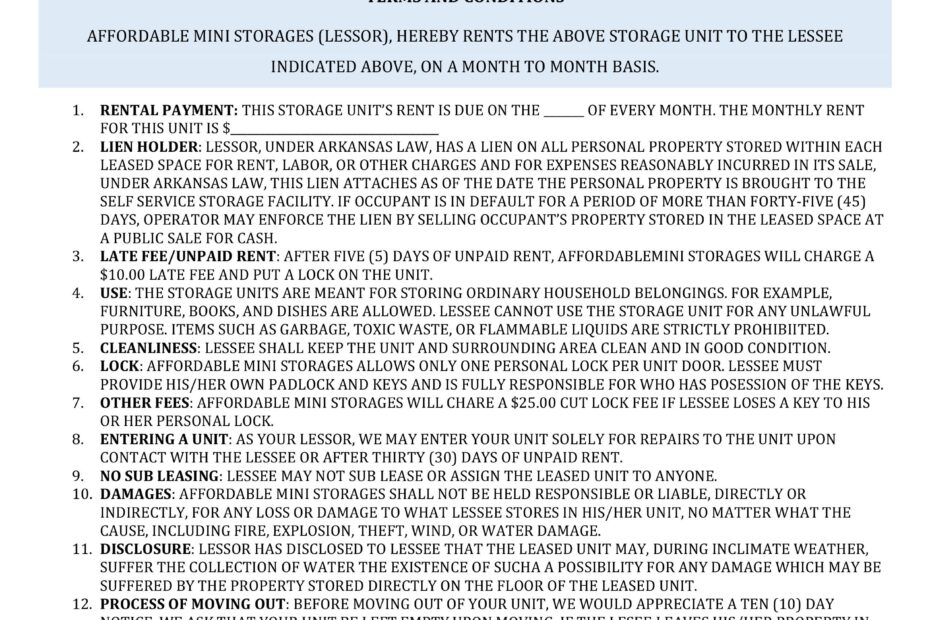 Printable Simple Storage Agreement