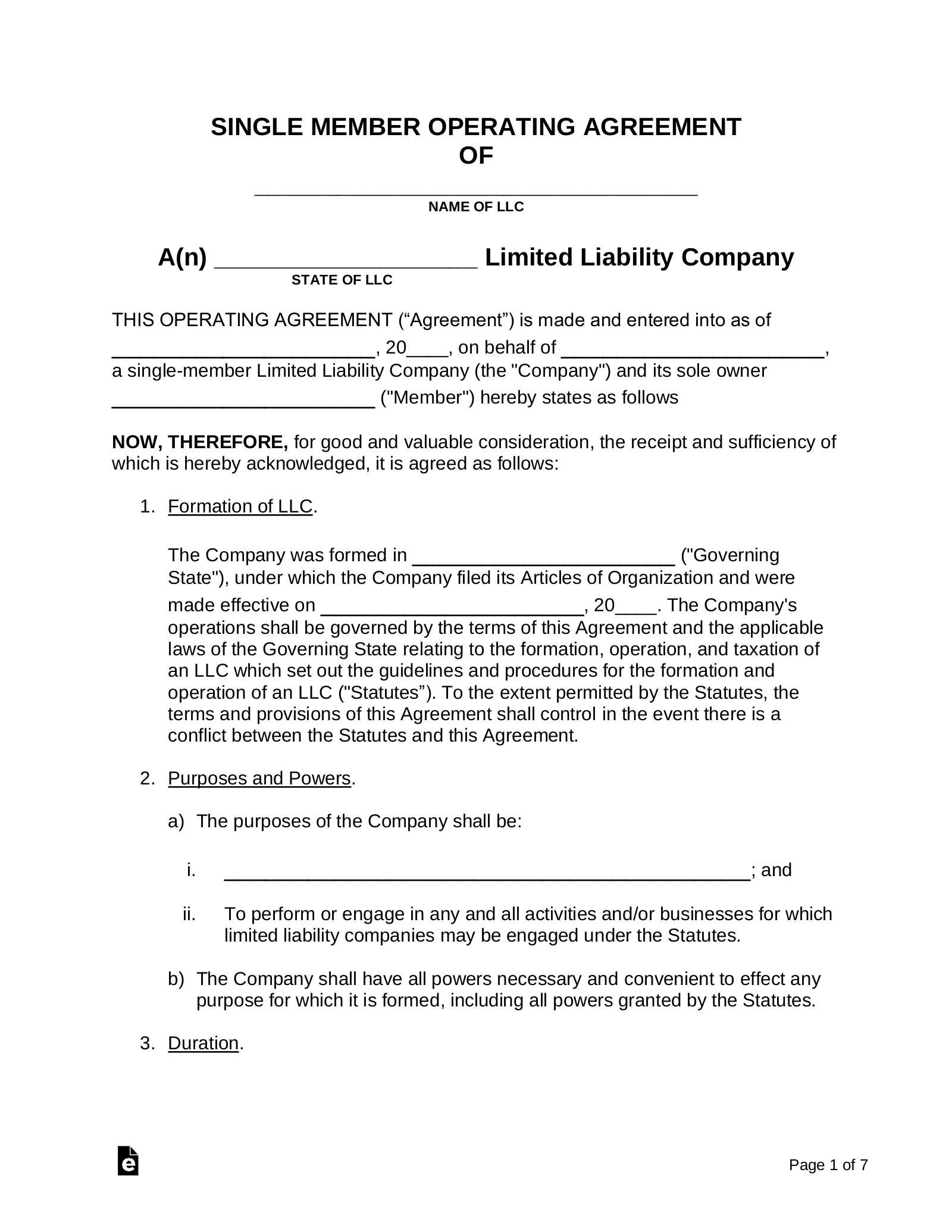 Printable Single Member Llc Operating Agreement Template Free 