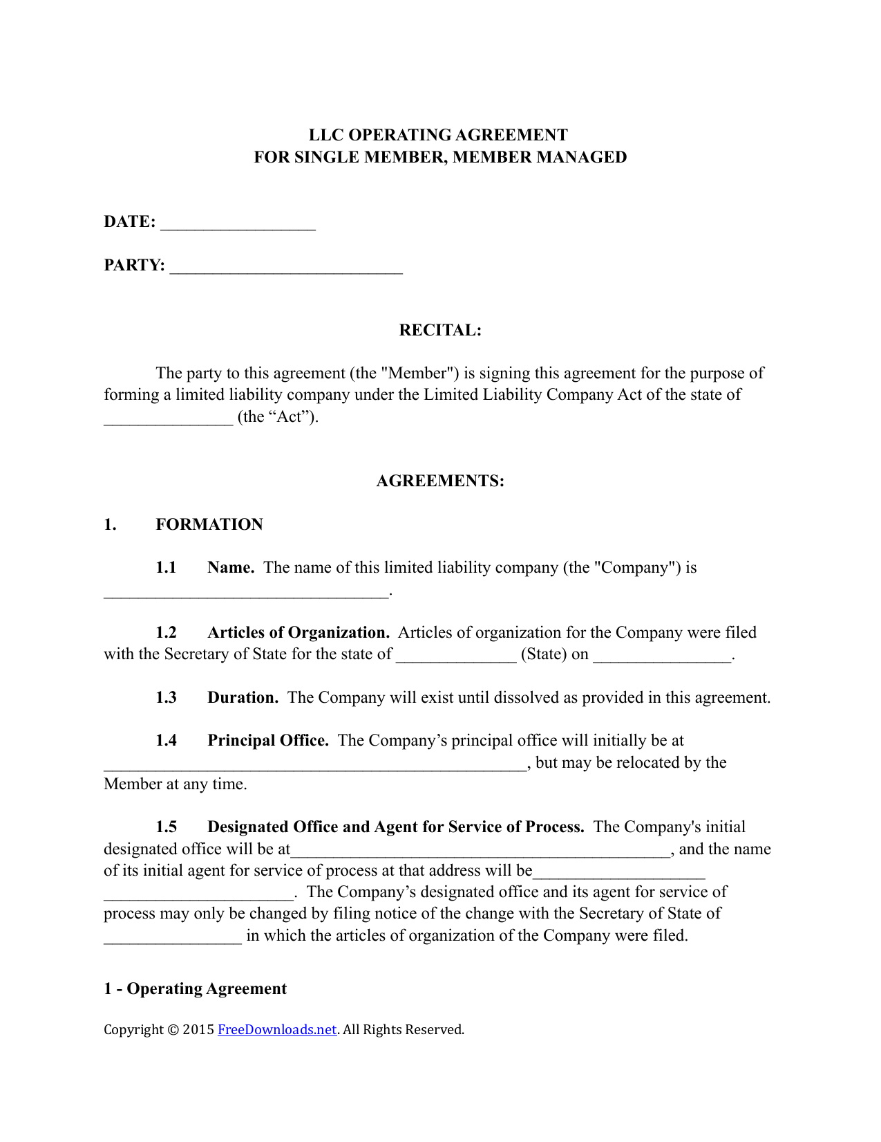 Printable Single Member Llc Operating Agreement Template Free Free 