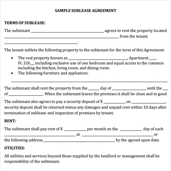 Printable Sublease Agreement