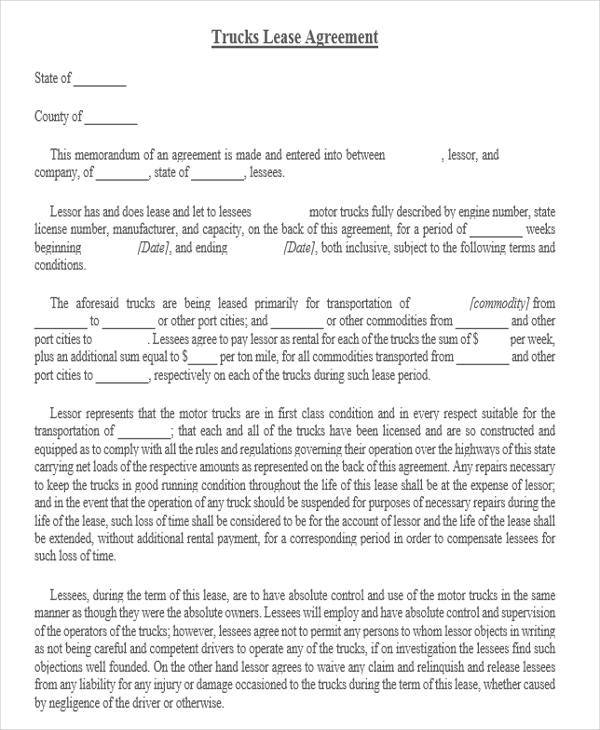Printable Trucking Company Owner Operator Lease Agreement Form Pdf 
