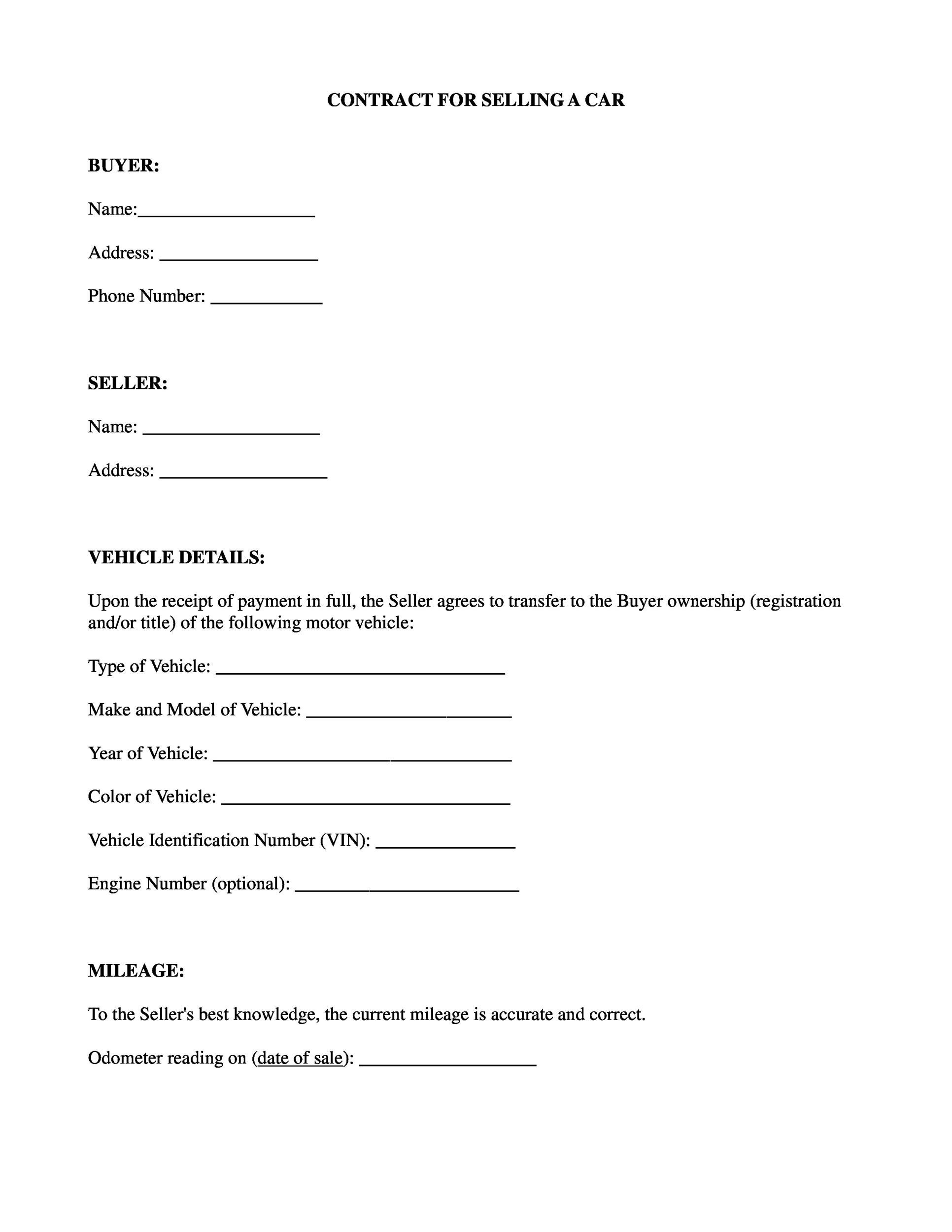 Printable Vehicle Purchase Agreement Form Printable Forms Free Online
