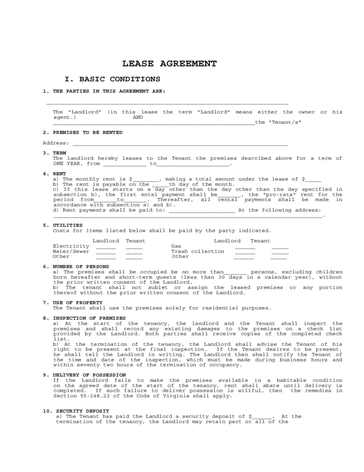 Printable Virginia Lease Agreement Printable Lease Agreement