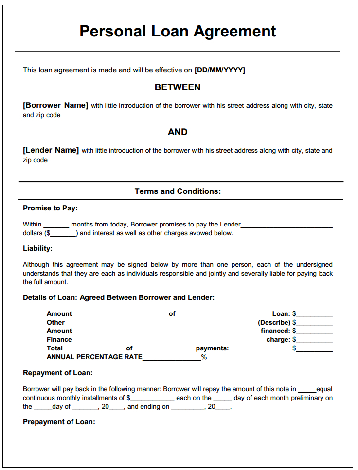 Private Loan Agreement Template Free Free Printable In Blank Loan 