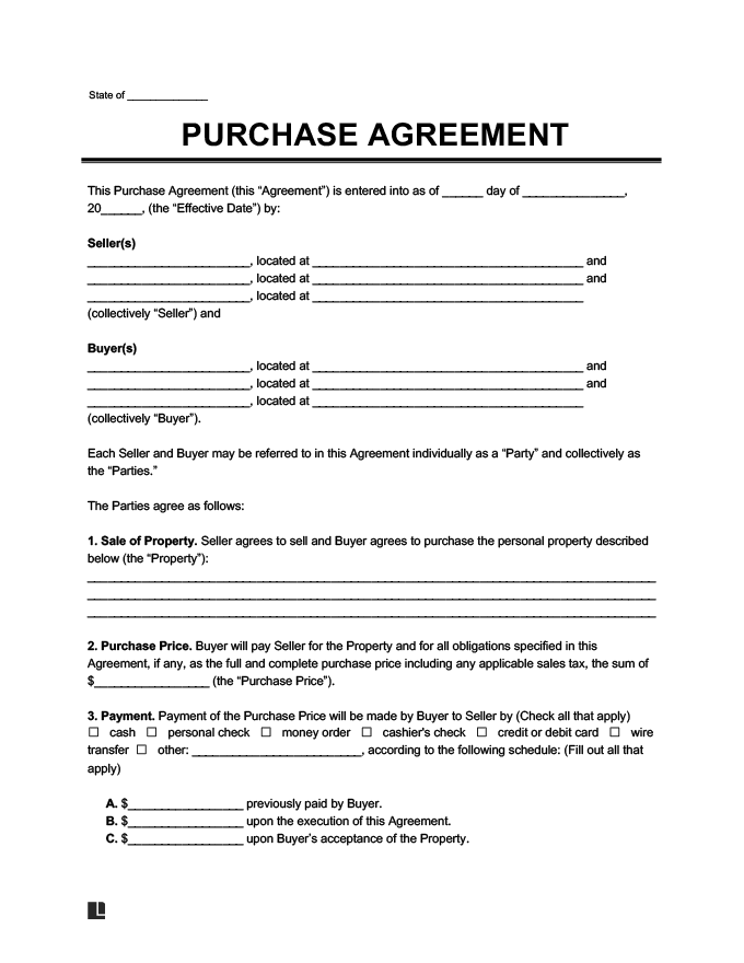 Purchase Agreement Template Free Word Templates