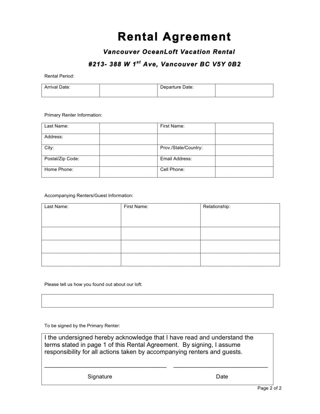 Rental Agreement Form Printable Printable Forms Free Online