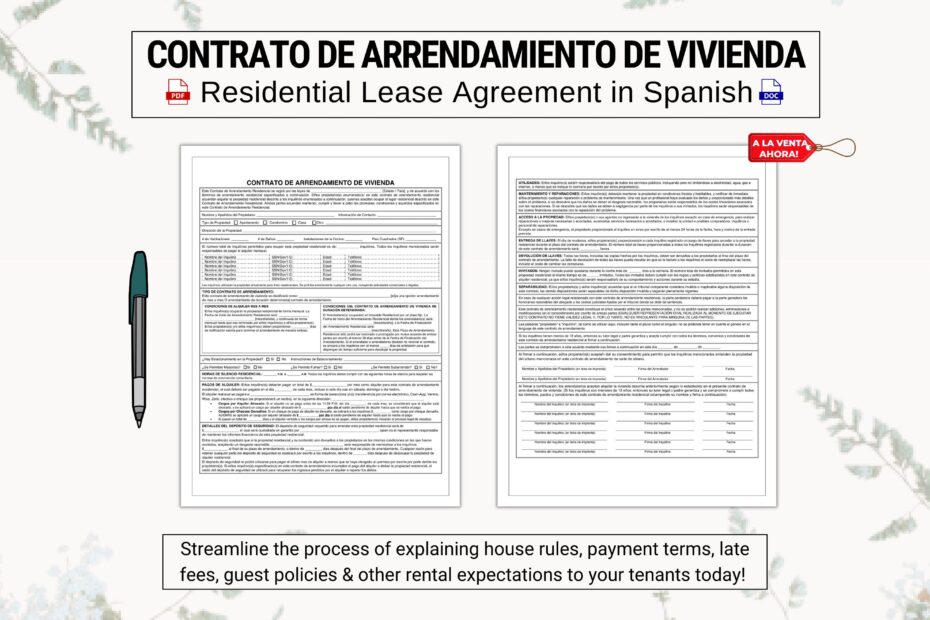 Rental Agreement Spanish Etsy Worksheets Library
